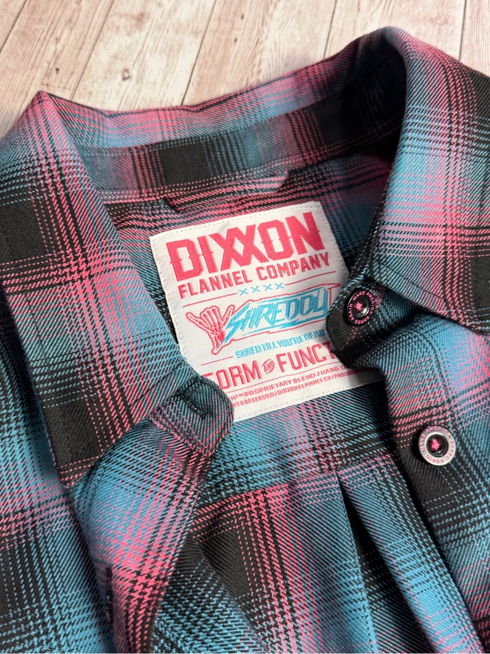 Dixxon Women’s Shreddy Plaid Flannel Shirt - Teal & Red - Picture 2 of 8